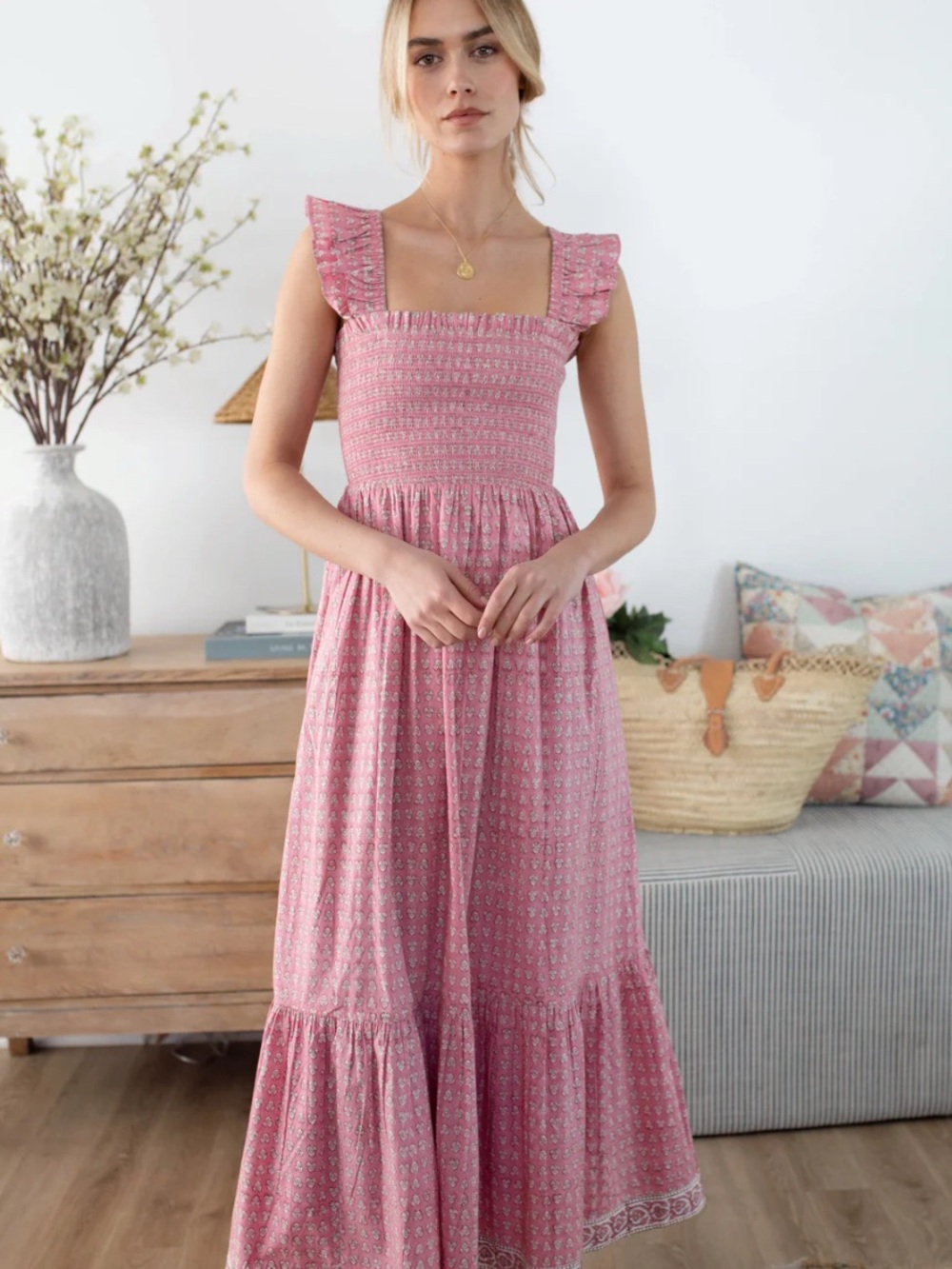 Marea Women's Pink Smocked Sasco Maxi Dress w/ Ruffle Straps in Lavender Thistle - Picture 1 of 11